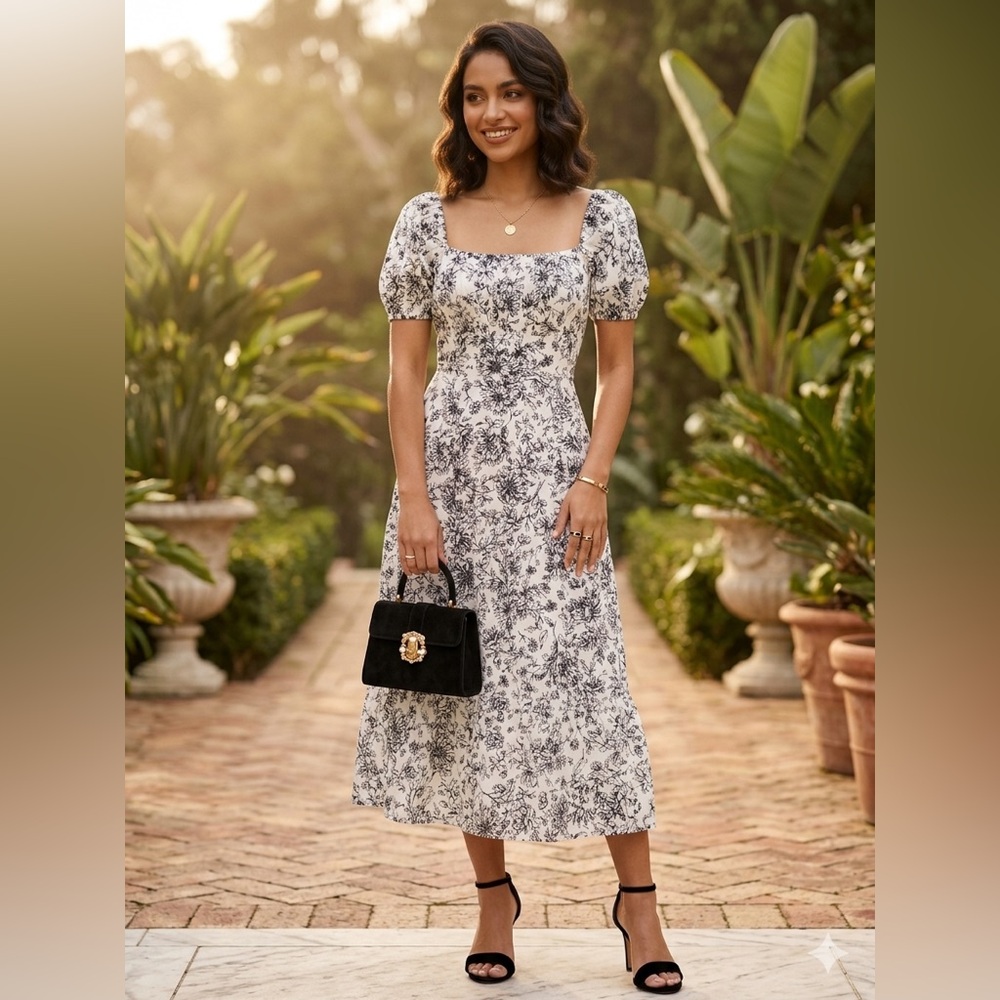 London Times Black and White Floral Square-Neck Midi Dress